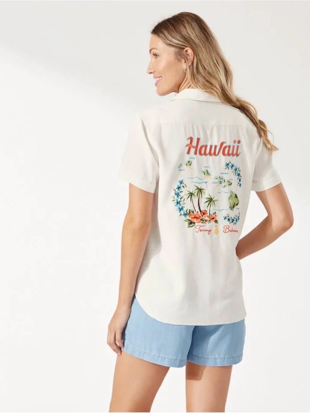 Tommy Bahama Hawaii Embroidered Washed Silk Camp Shirt Women’s M